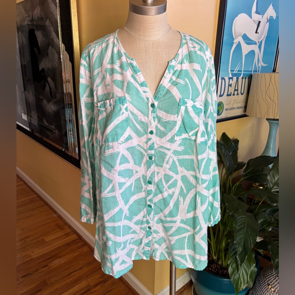 jm collection teal linen blouse